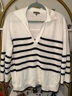 Lilla P White V-Neck Sweater with Black Stripes